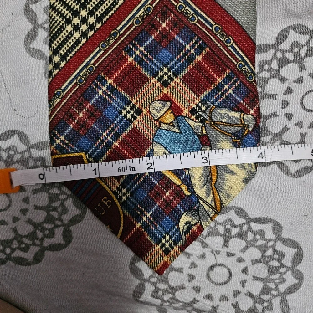 Vintage Plaid Polo Equestrian Tie Horse Paolo Rossi Italian Designer Red Blue